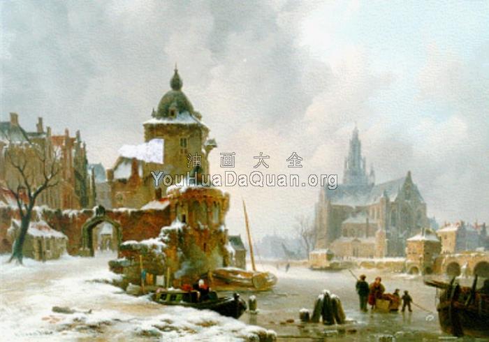 Winters stadsgezicht - 巴斯勒莫斯·约翰内斯·范·霍夫